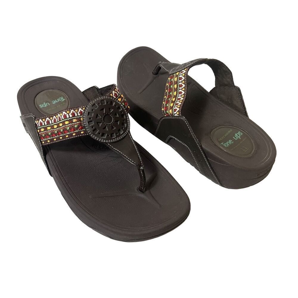 Skechers Tone-ups Wedge Flip Flop Womens 11 Brown Multicolor Woven Thong Sandals